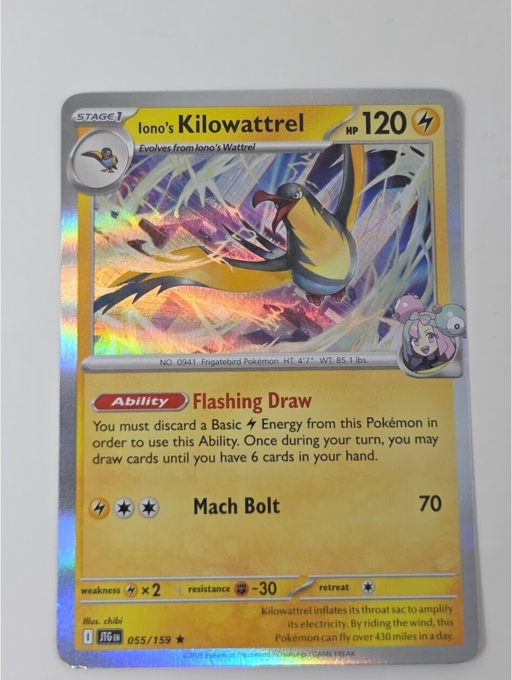 Pokemon TCG Iono's Kilowattrel 055/159 Crown Zenith Reverse Holo Card